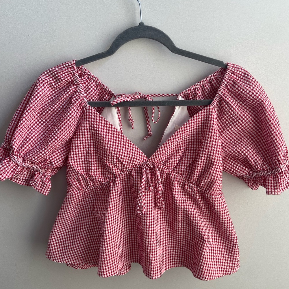 Miami Red and White Puff Sleeve Blouse with Tie Front